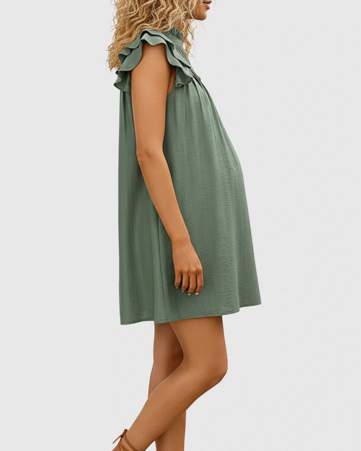 Bump Society – The Comfort Collection: Ruffle Sleeve Mock Neck Maternity Mini Dress