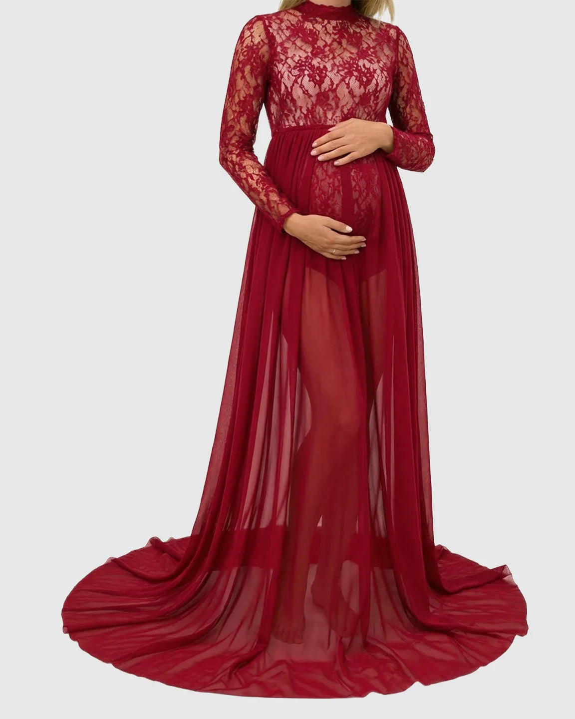 Bump Society – The Comfort Collection: Sheer Lace Double Slit Maternity Photoshoot Gown