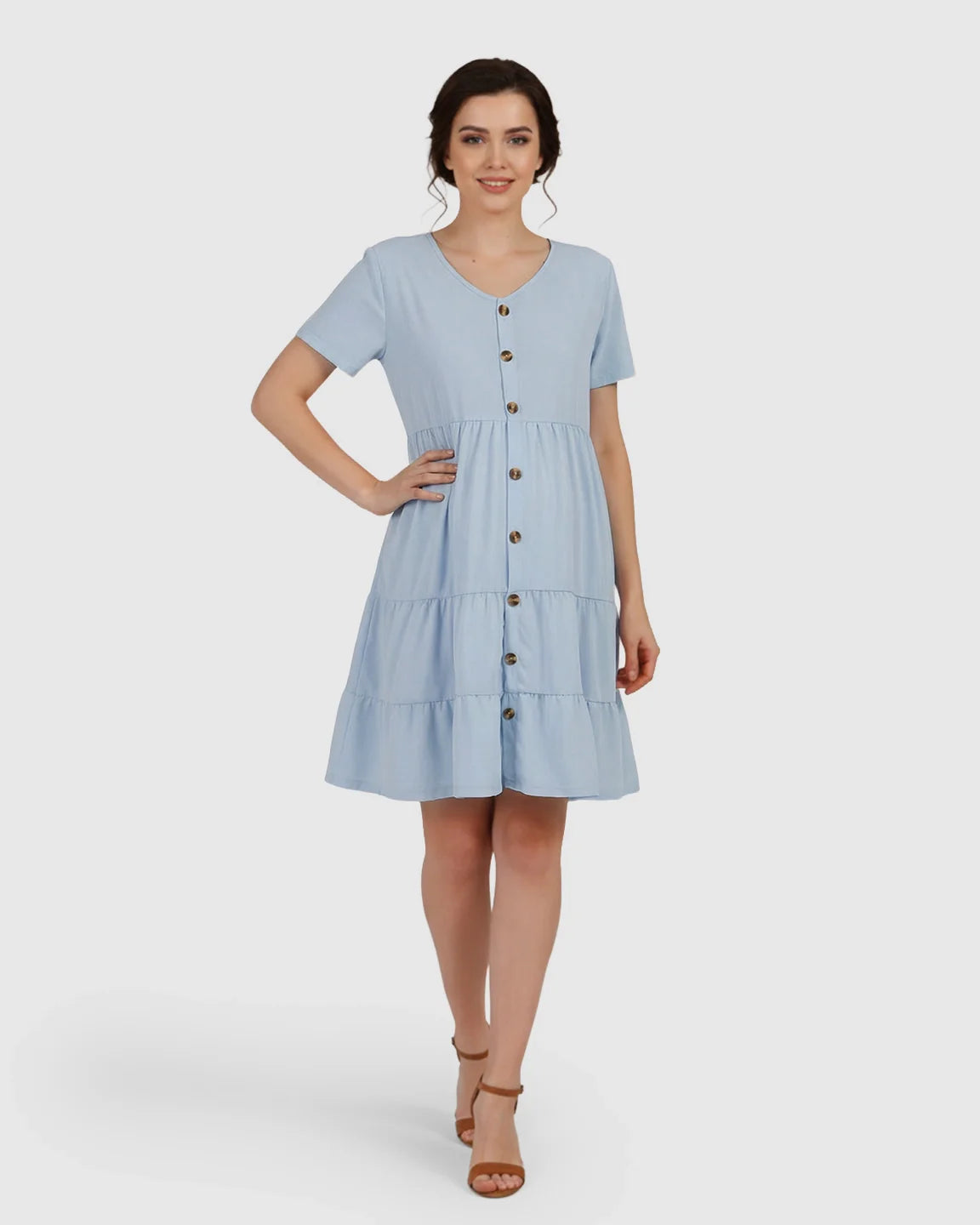 Bump Society – The Comfort Collection: Button Up Tiered Maternity Mini Dress