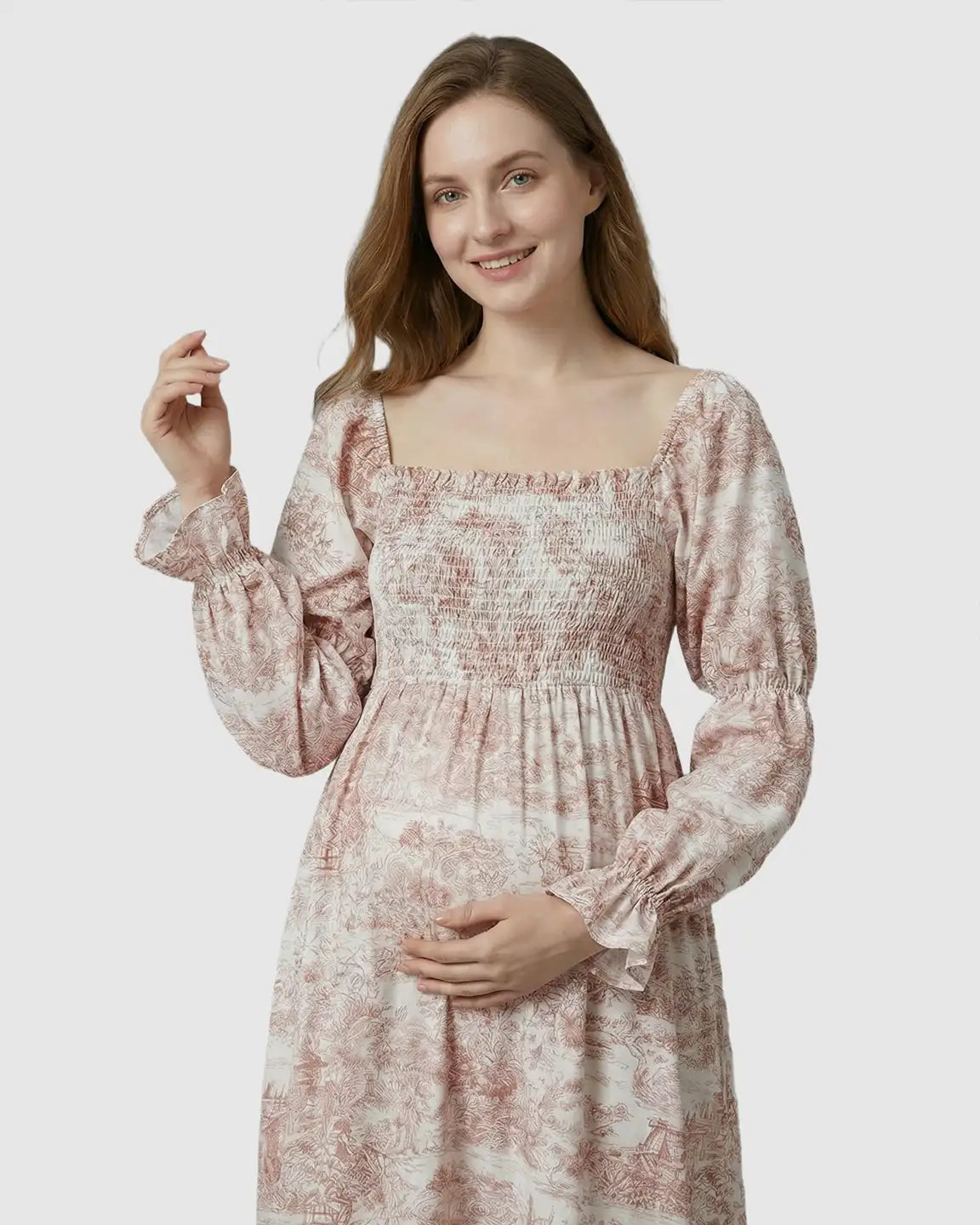 Bump Society – The Comfort Collection: Puffed Long-Sleeve Tiered Skirt Maternity Maxi Dress