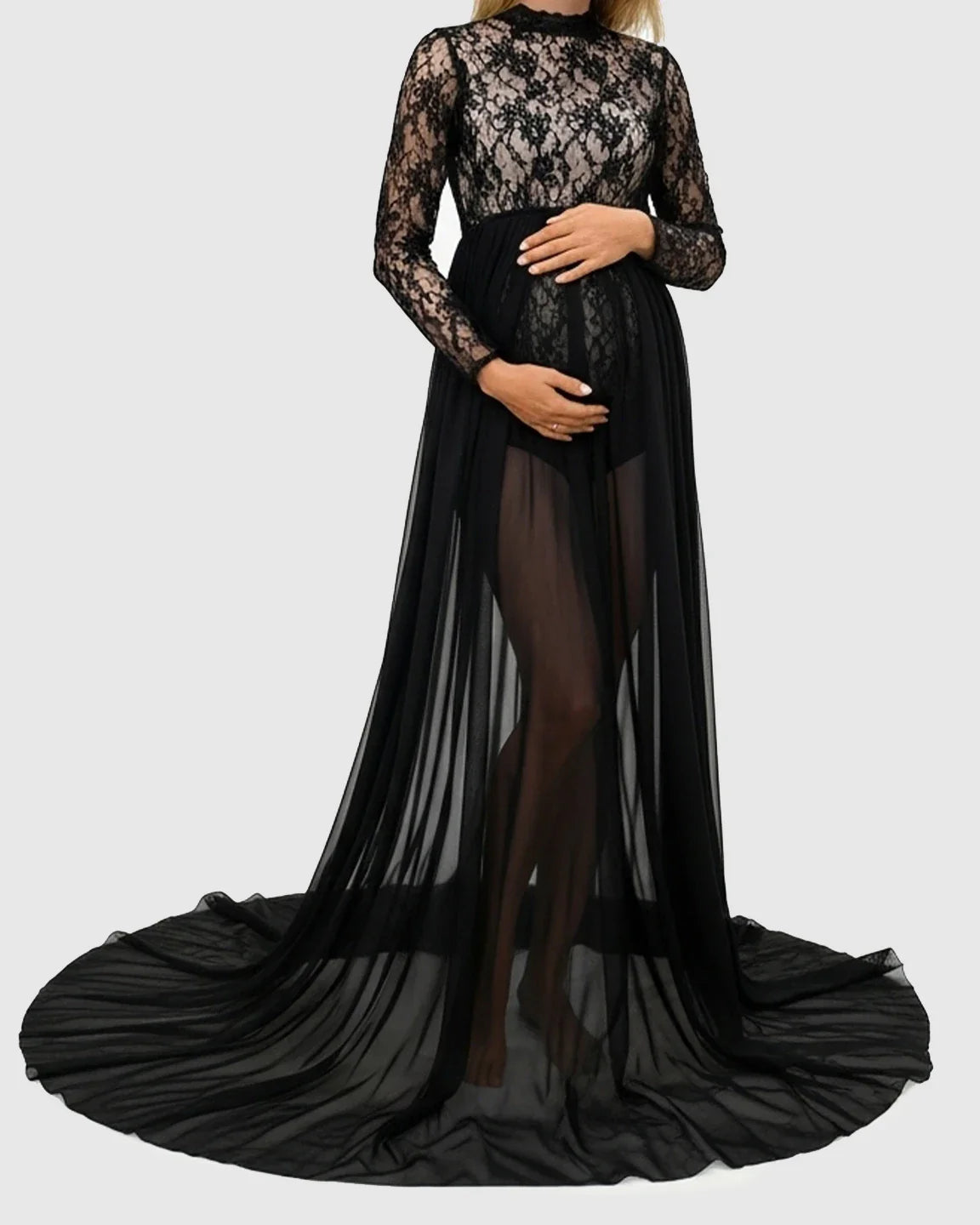 Bump Society – The Comfort Collection: Sheer Lace Double Slit Maternity Photoshoot Gown