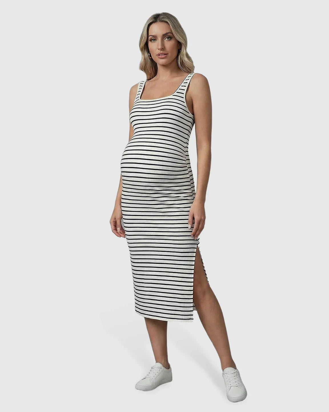 Bump Society – The Comfort Collection: Stripe Print Side Slit Maternity Midi Dress