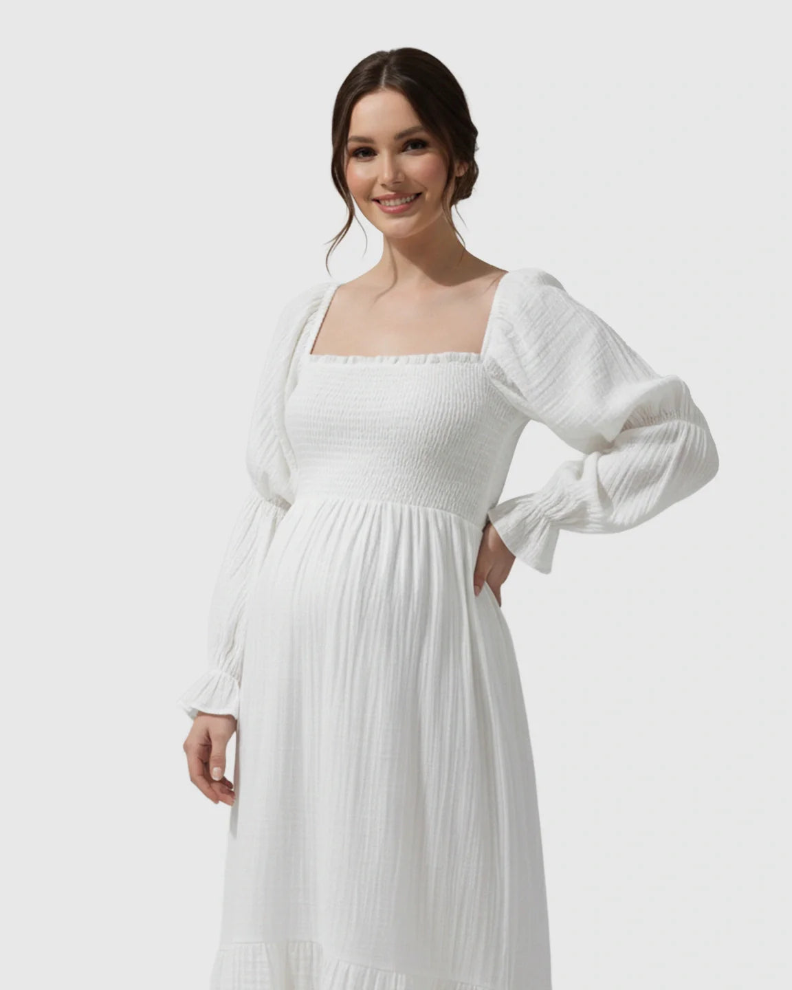 Bump Society – The Comfort Collection: Puffed Long-Sleeve Tiered Skirt Maternity Maxi Dress