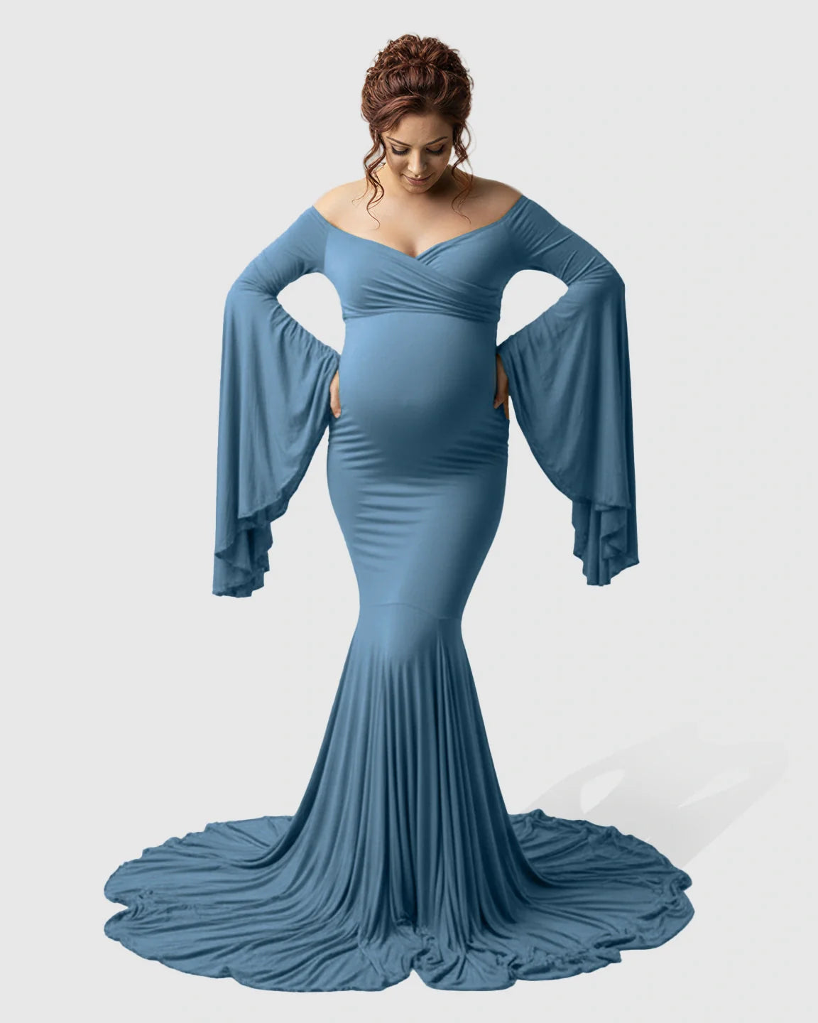 Bump Society – The Comfort Collection: Flared Sleeve Fishtail Train Maternity Photoshoot Dress