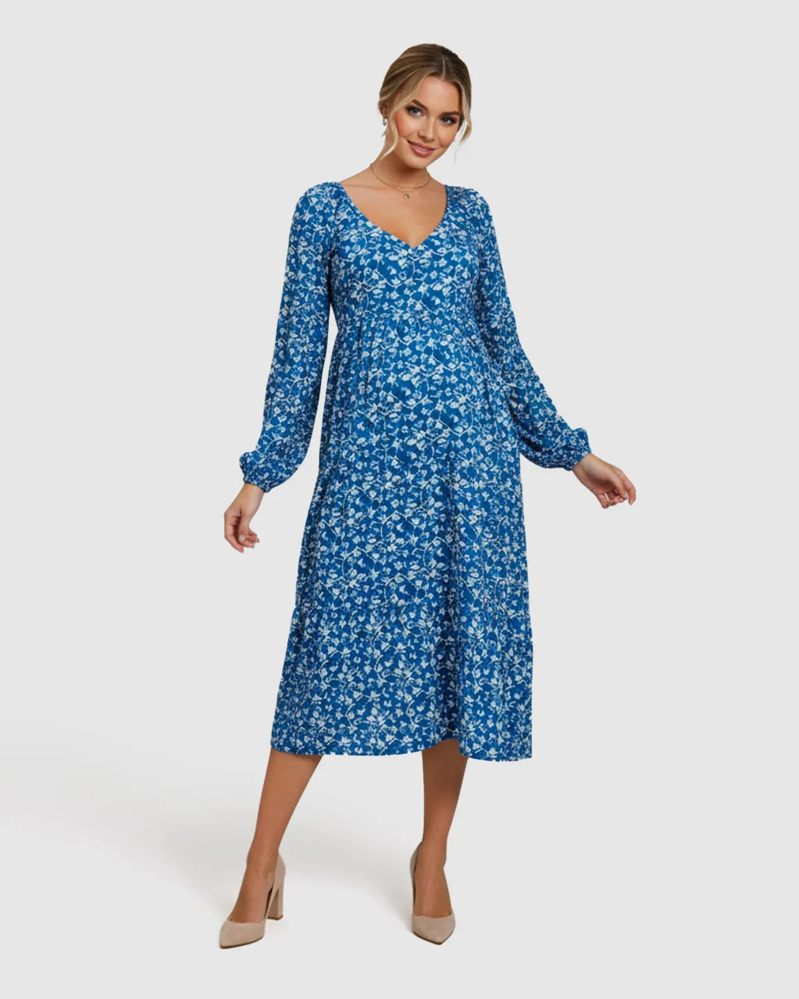 Blue floral chiffon A-line maternity dress with long balloon sleeves and V-neck.