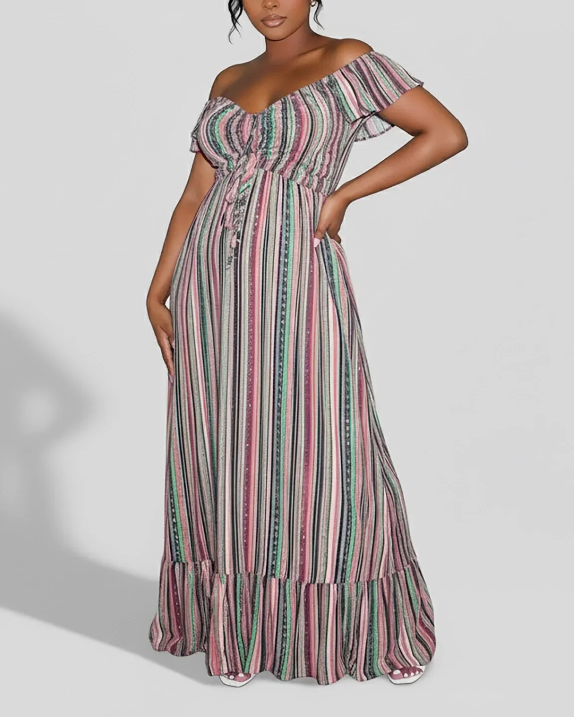 Bump Society – The Comfort Collection: Off Shoulder Striped Maternity Maxi Dress