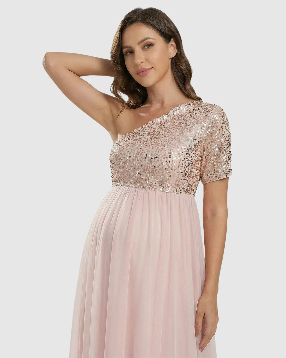 Bump Society – The Comfort Collection: Sequin Bodice Flowing Mesh Maternity Maxi Dress