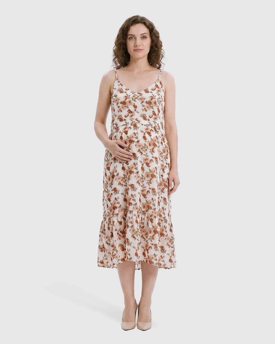 Bump Society – The Comfort Collection: Spaghetti Strap Floral Tiered Maternity Midi Dress