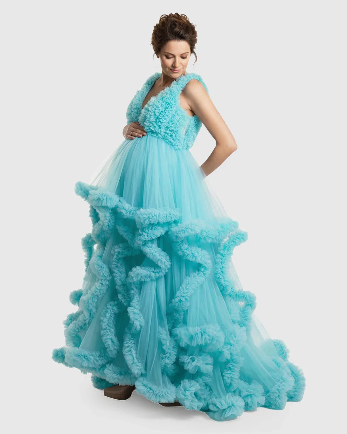 Bump Society – The Comfort Collection: Ruffled Bodice Multi-Layer Mesh Pleats Maternity Gown