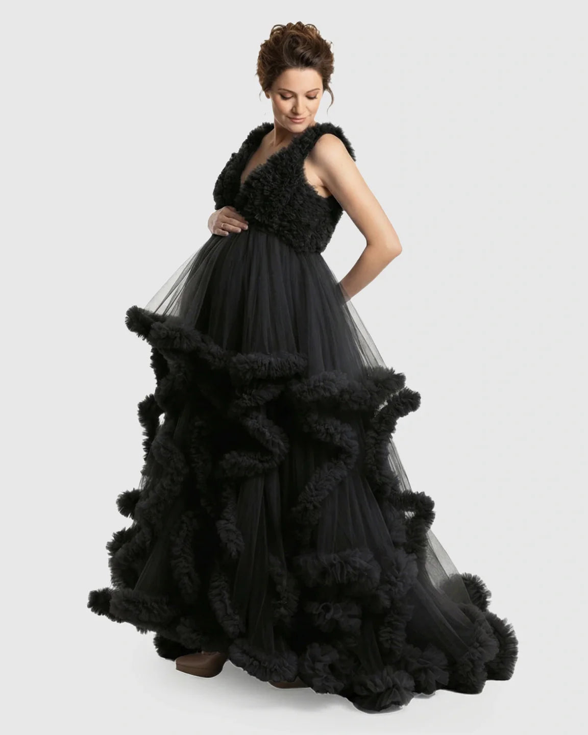 Bump Society – The Comfort Collection: Ruffled Bodice Multi-Layer Mesh Pleats Maternity Gown