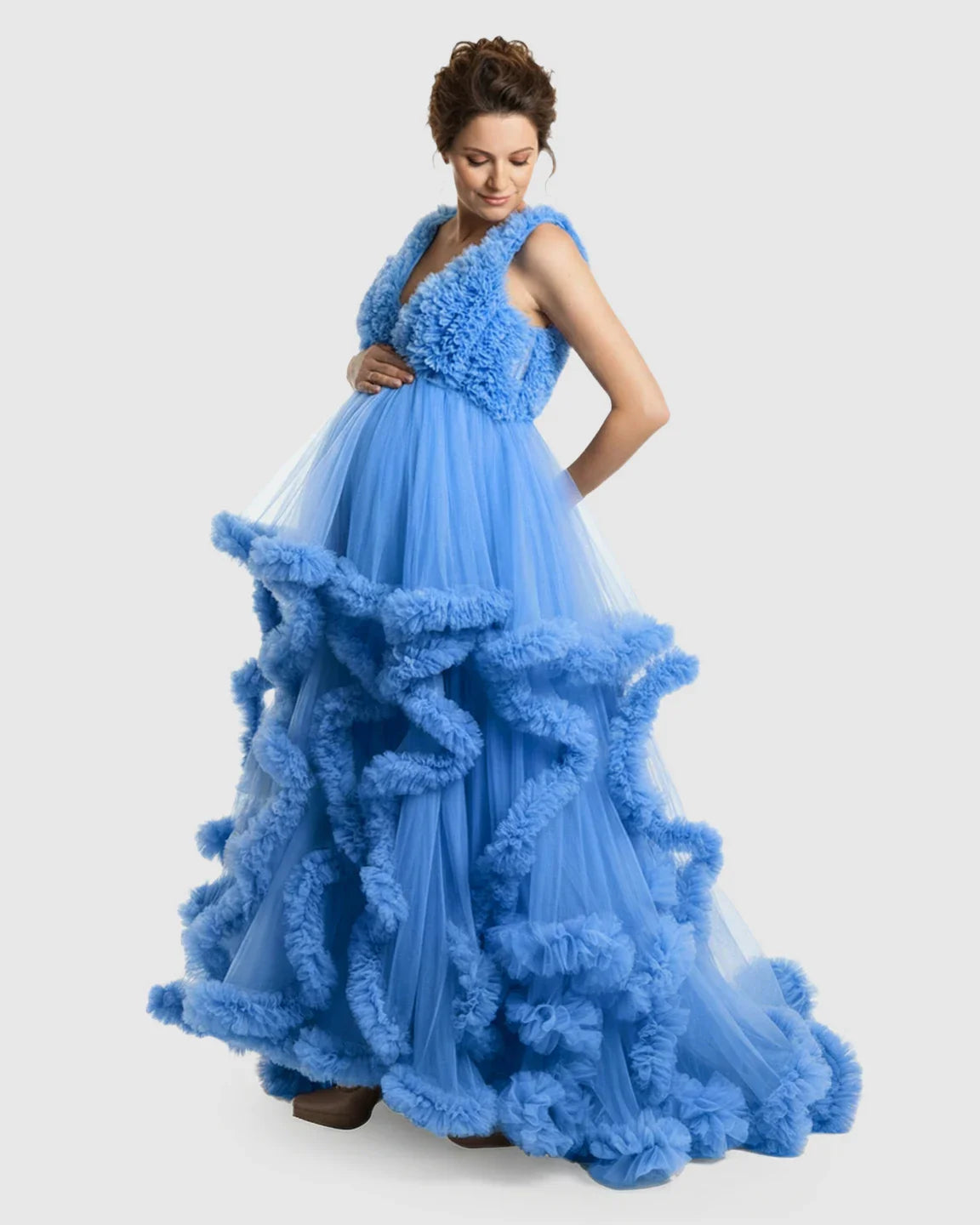 Bump Society – The Comfort Collection: Ruffled Bodice Multi-Layer Mesh Pleats Maternity Gown