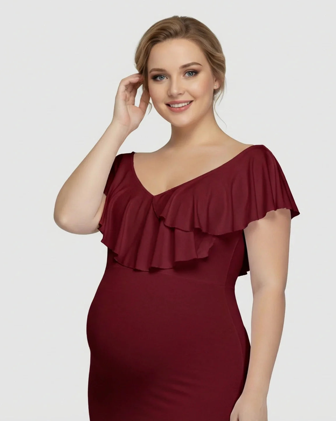 Bump Society – The Comfort Collection: Off-Shoulder Ruffled Bodycon Maternity Maxi Dress