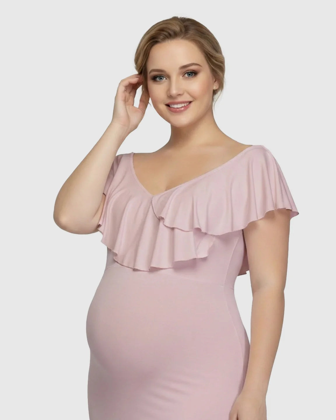 Bump Society – The Comfort Collection: Off-Shoulder Ruffled Bodycon Maternity Maxi Dress