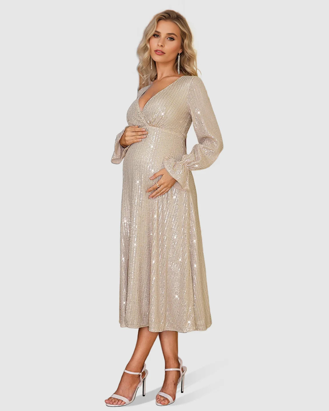Bump Society – The Comfort Collection: Fully Sequined Empire-Waist Maternity Midi Dress