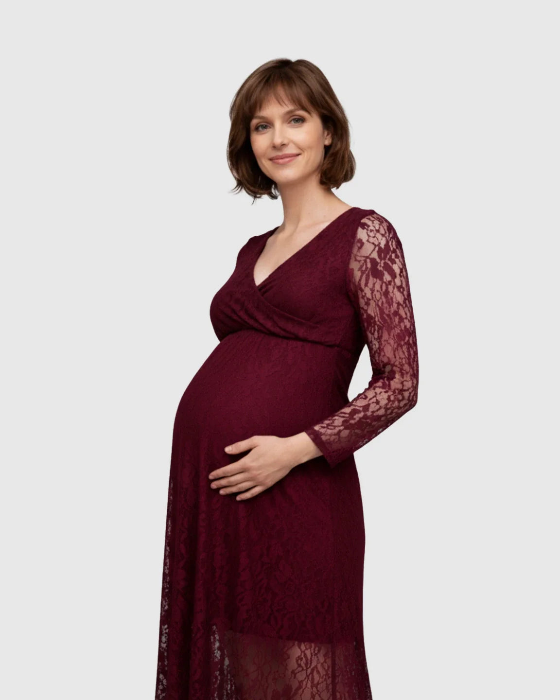 Bump Society – The Comfort Collection: Sheer Lace Long Sleeve Maternity Midi Dress