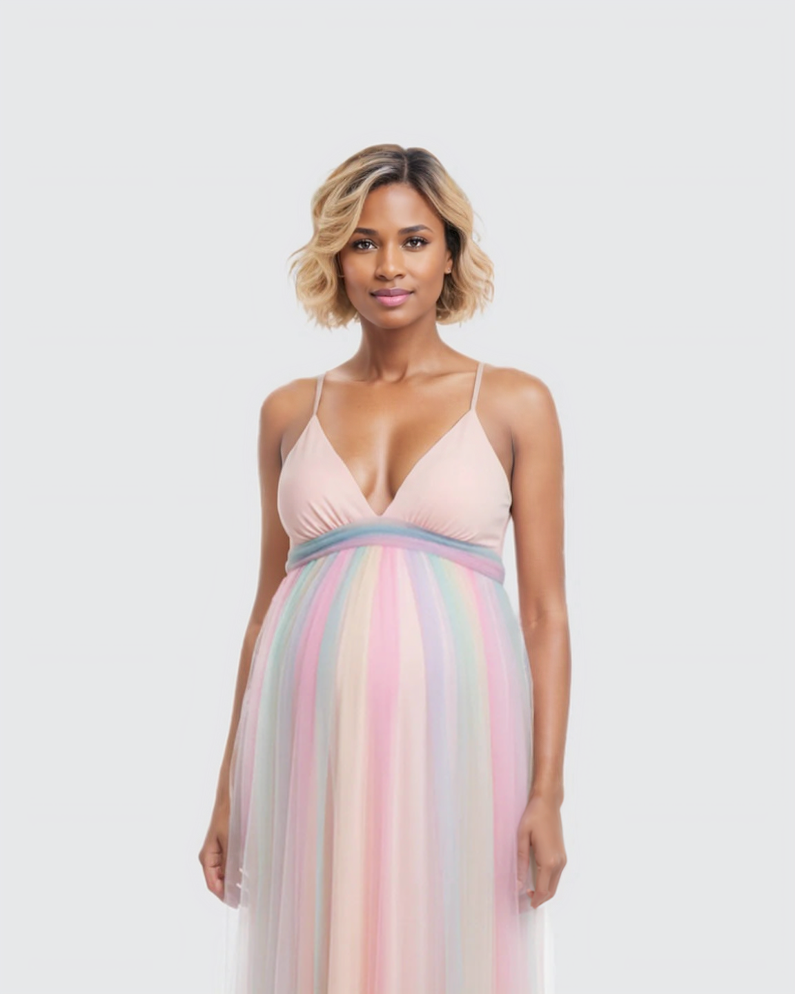 Bump Society – The Comfort Collection: Cross-Back Rainbow Tulle Maternity Gown