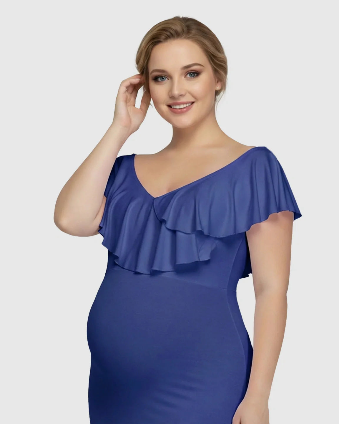 Bump Society – The Comfort Collection: Off-Shoulder Ruffled Bodycon Maternity Maxi Dress