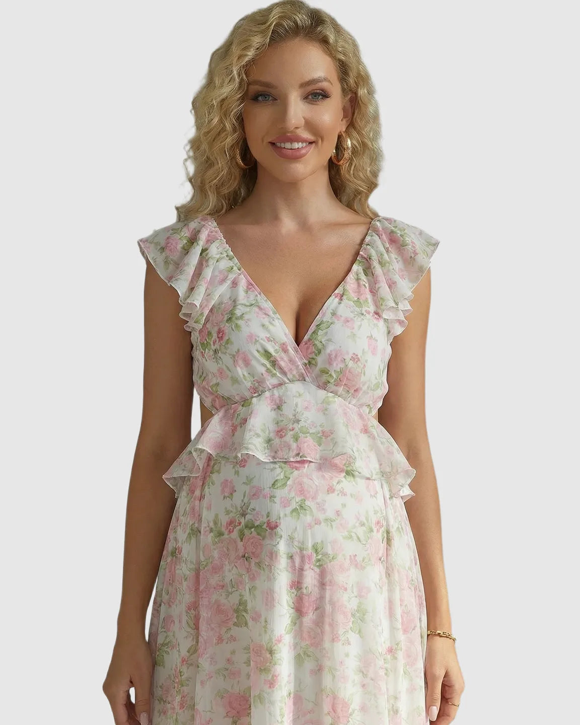 Bump Society – The Comfort Collection: Floral Ruffle Cap Sleeve Flowy Maternity Photoshoot Dress