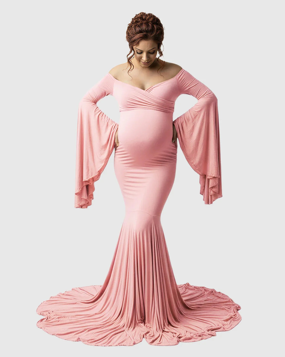 Bump Society – The Comfort Collection: Flared Sleeve Fishtail Train Maternity Photoshoot Dress