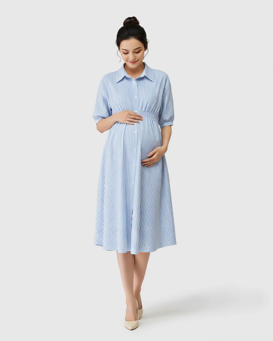 Bump Society – The Comfort Collection: Gathered Waist Striped Shirt Maternity Dress
