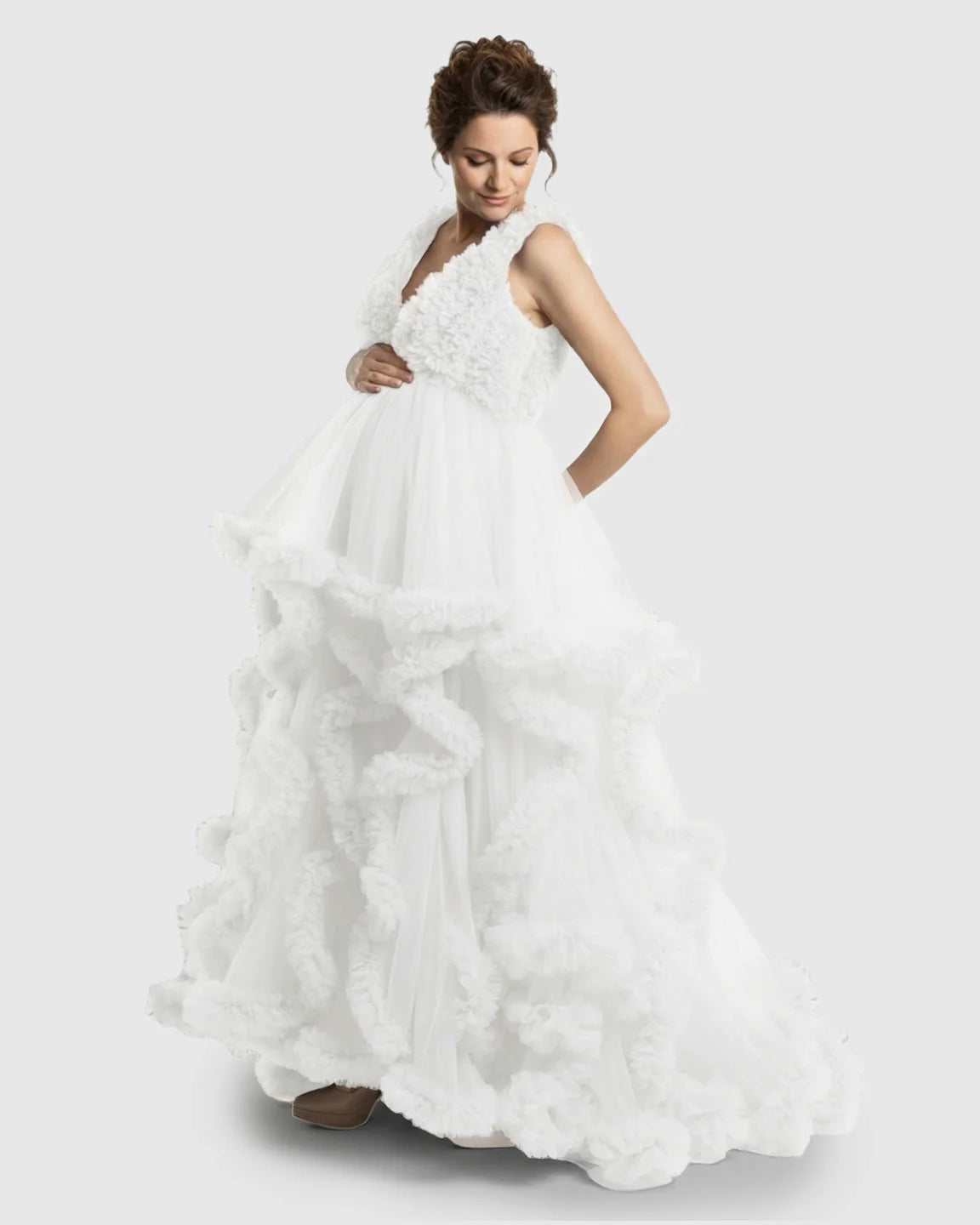 Bump Society – The Comfort Collection: Ruffled Bodice Multi-Layer Mesh Pleats Maternity Gown