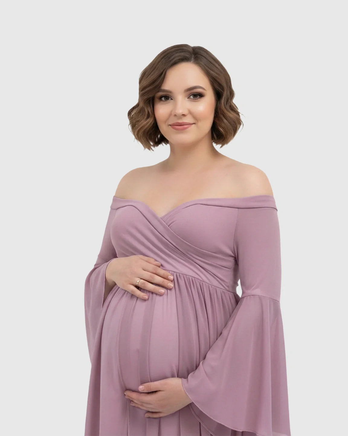 Maternity photoshoot gown: mauve off-shoulder, bell sleeves, flowing chiffon, flattering wrap design.