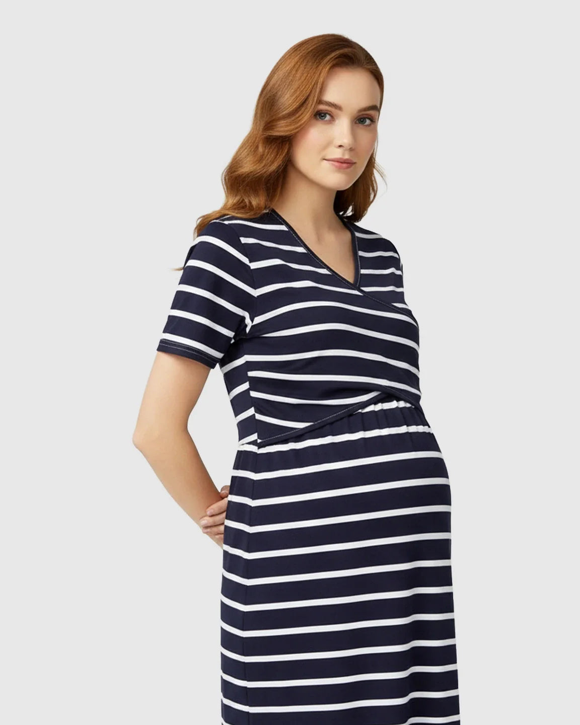 Bump Society – The Nursing Collection: Striped Crossover Fitted Nursing Maternity Midi Dress