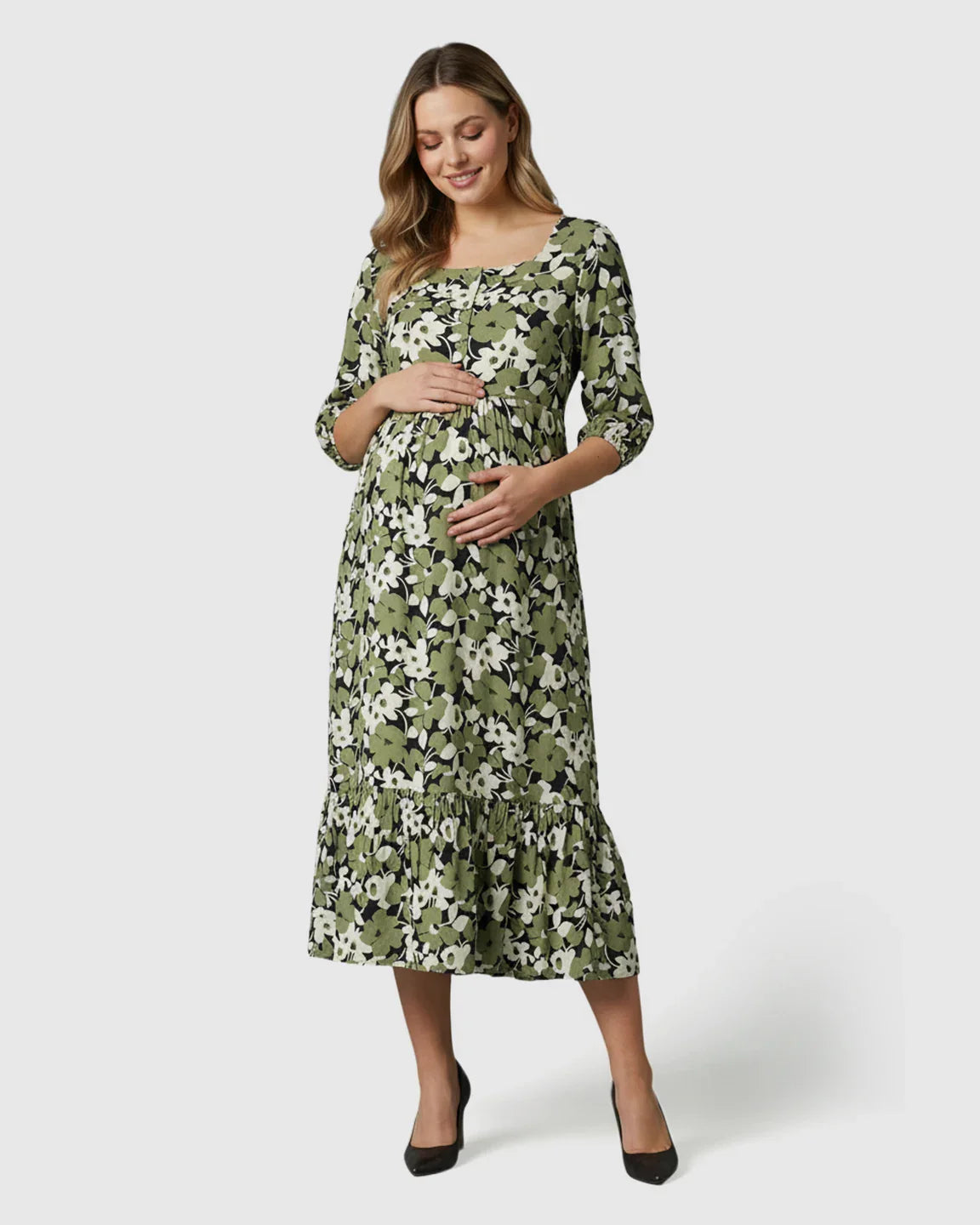 Bump Society – The Comfort Collection: Button Front Square Neck Maternity Midi Dress