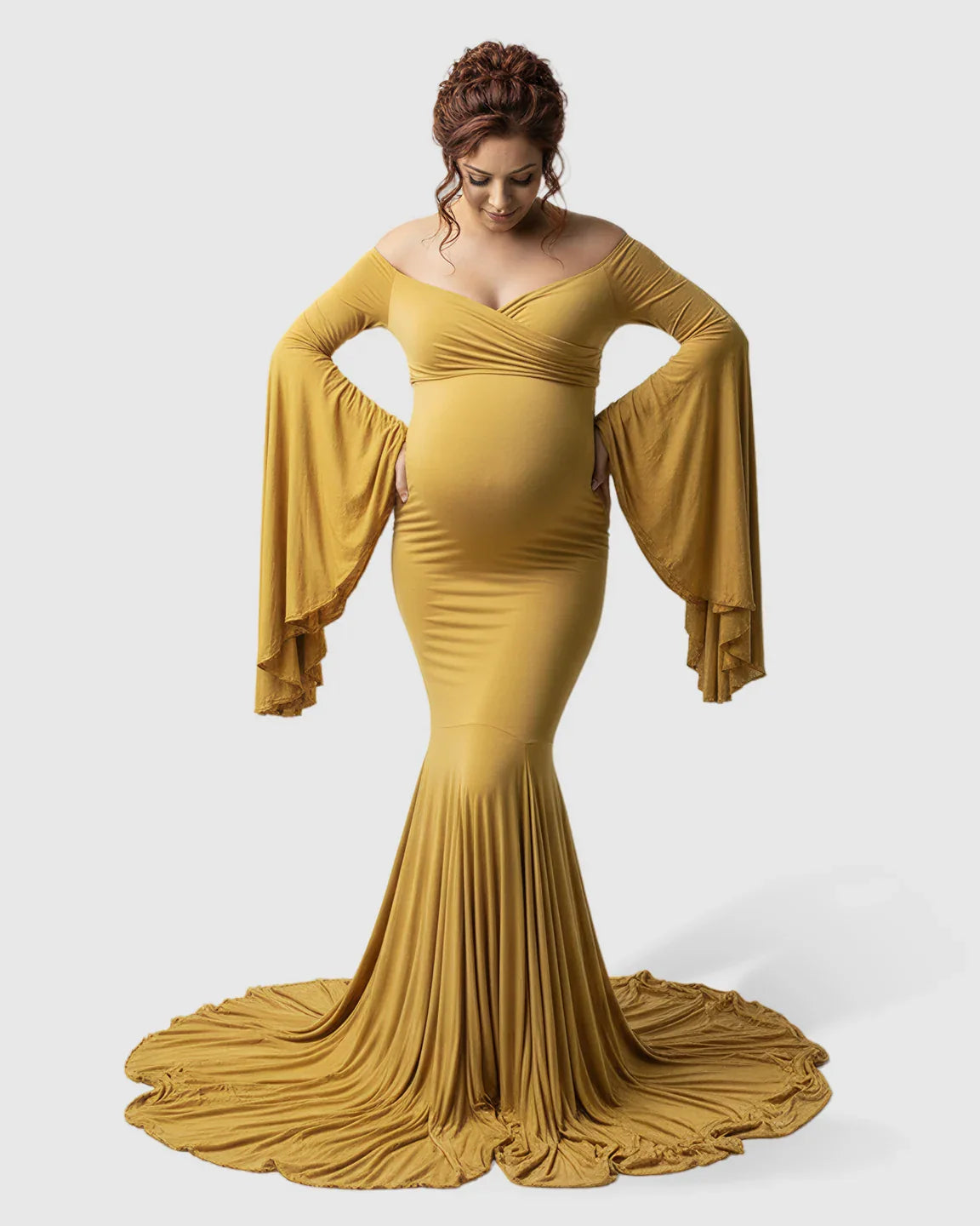 Bump Society – The Comfort Collection: Flared Sleeve Fishtail Train Maternity Photoshoot Dress
