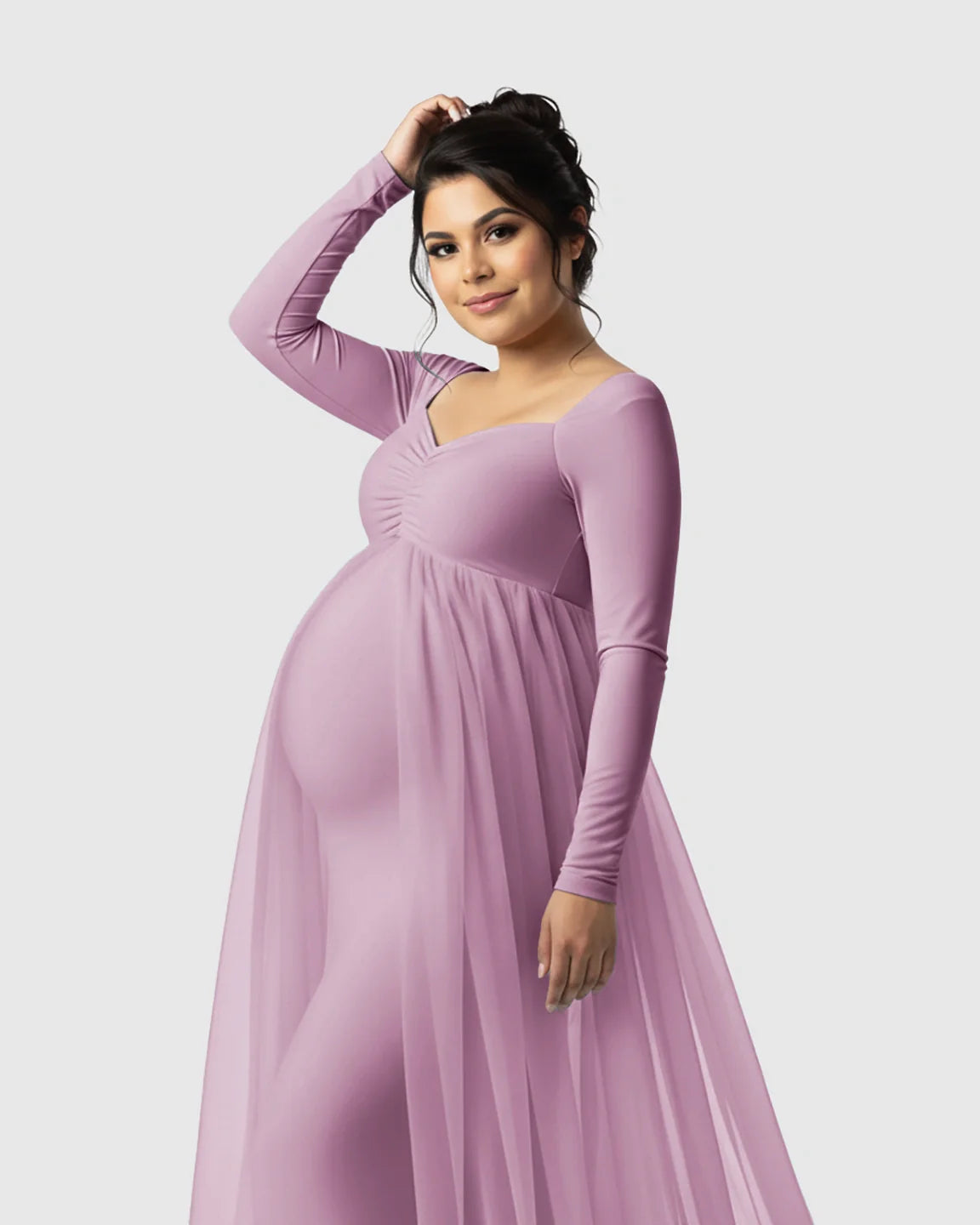 Bump Society – The Comfort Collection: Sheer Mesh Flowy Train Maternity Maxi Dress