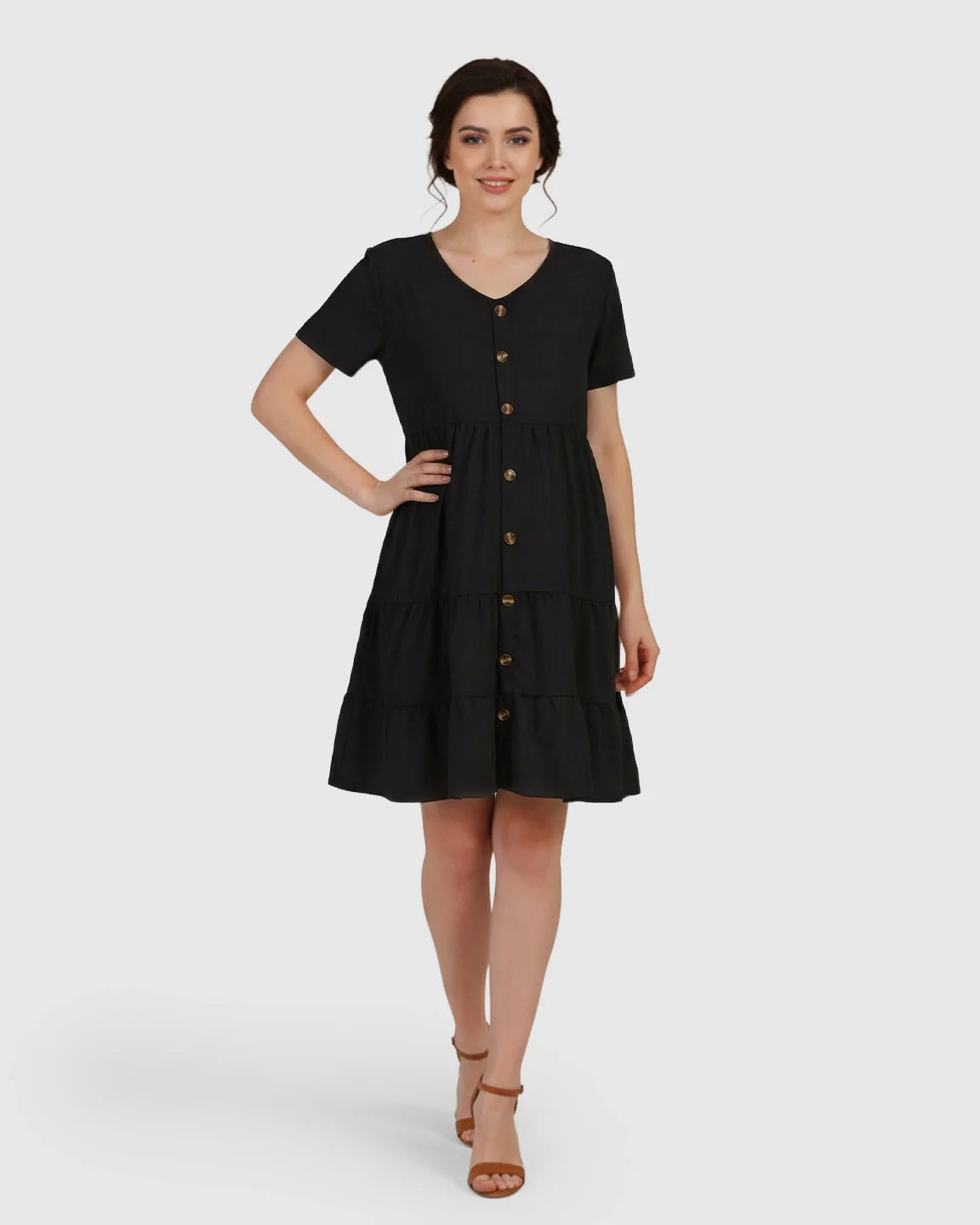 Bump Society – The Comfort Collection: Button Up Tiered Maternity Mini Dress