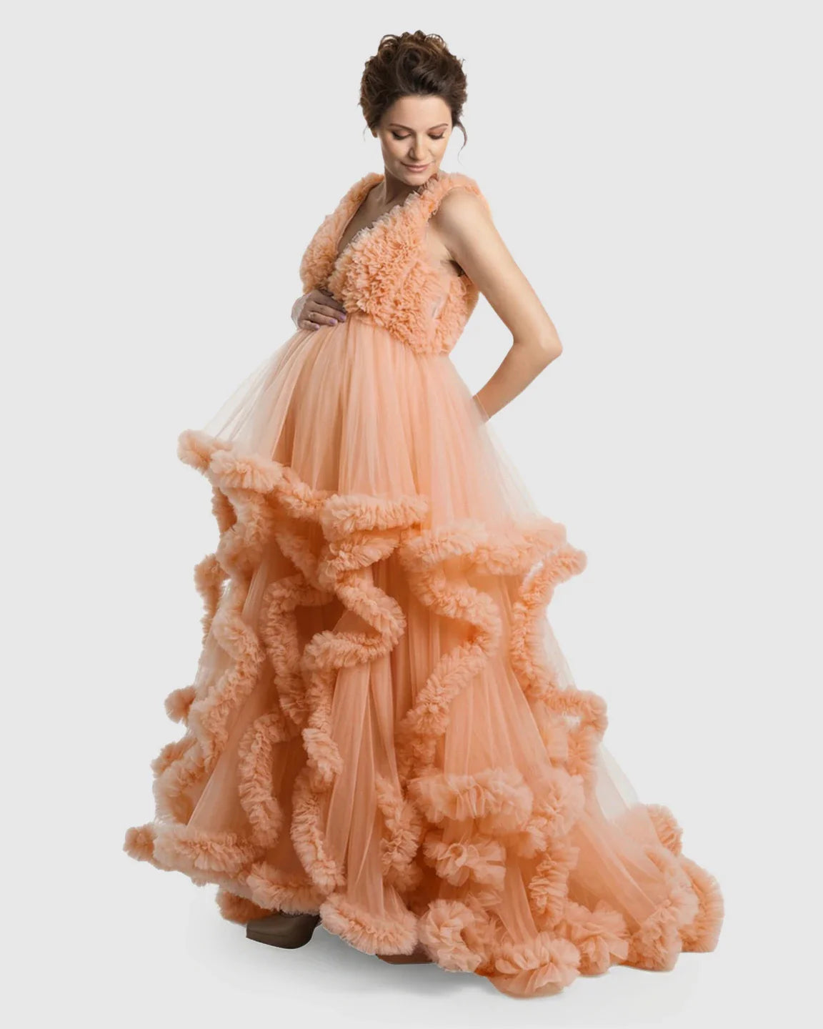 Bump Society – The Comfort Collection: Ruffled Bodice Multi-Layer Mesh Pleats Maternity Gown