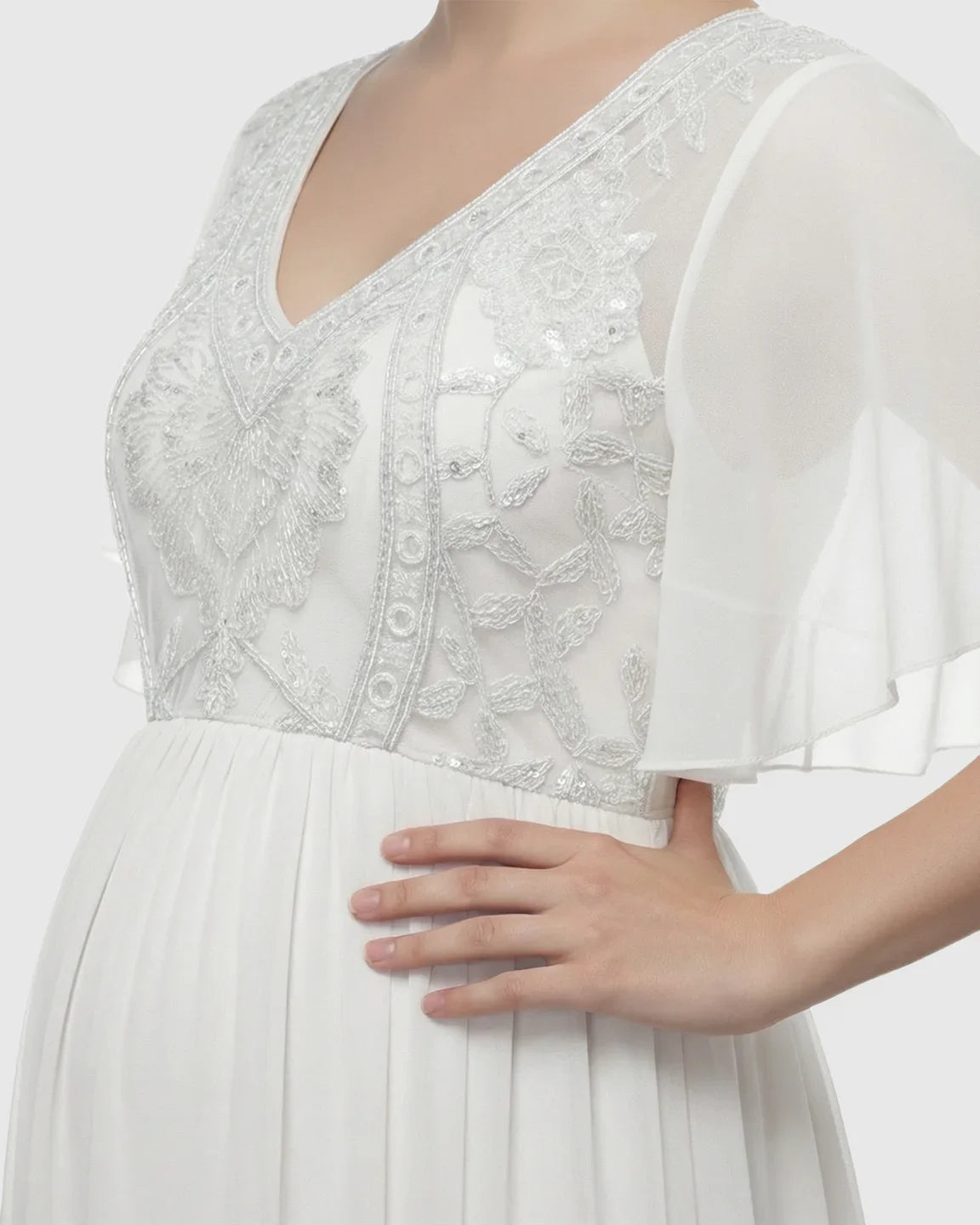 Bump Society – The Comfort Collection: Embroidered Bodice Long Train Maternity Photoshoot Gown