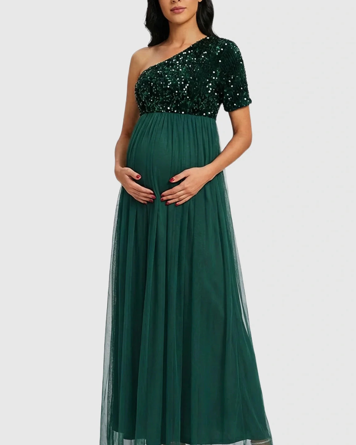 Bump Society – The Comfort Collection: Sequin One-Shoulder Flowy Maternity Maxi Dress
