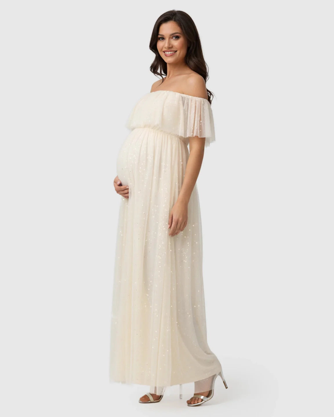 Bump Society – The Comfort Collection: Off-Shoulder Ruffled Mesh Maternity Maxi Dress