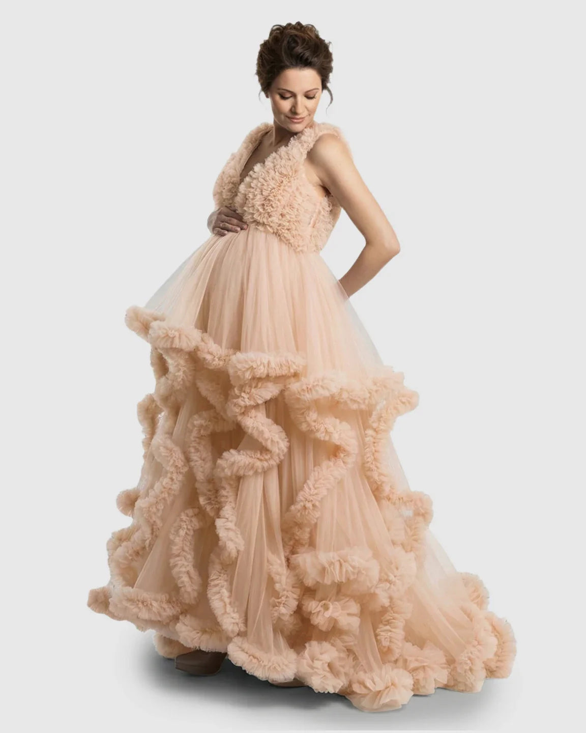 Bump Society – The Comfort Collection: Ruffled Bodice Multi-Layer Mesh Pleats Maternity Gown