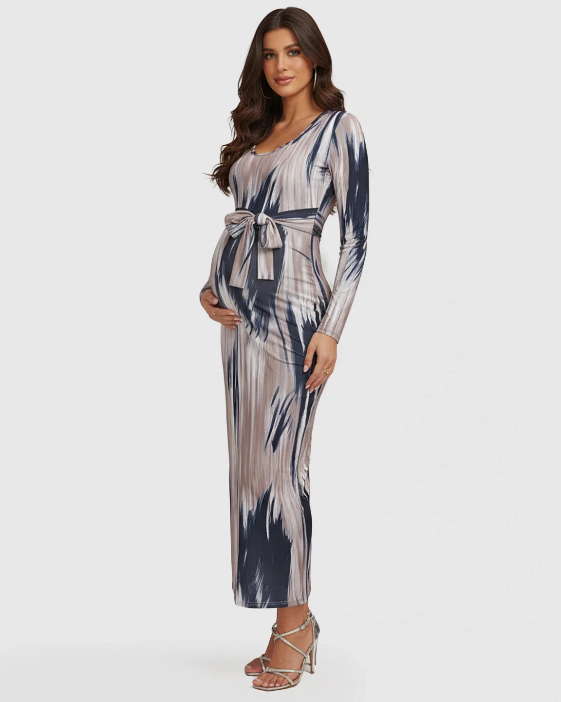 Bump Society – The Comfort Collection: Adjustable Tie-Waist Ink-Wash Maternity Maxi Dress
