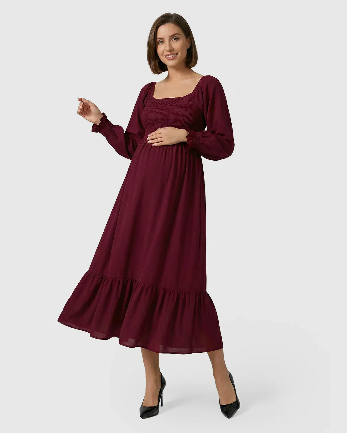 Bump Society – The Comfort Collection: Smocked Square Neck Ruffled Hem Maternity Maxi Dress