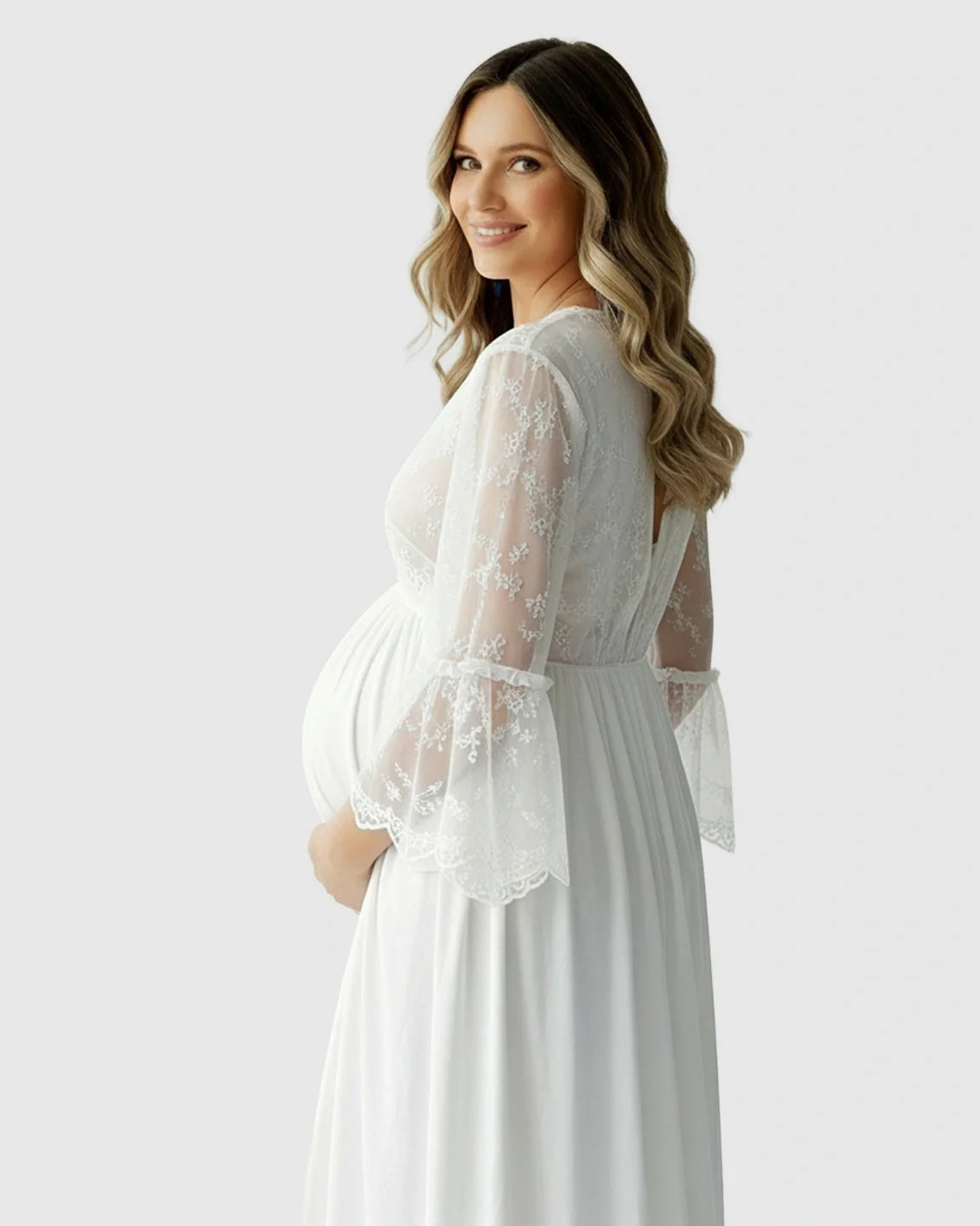 Bump Society – The Comfort Collection: Lace Bell-Sleeve V-Neck Maternity Gown