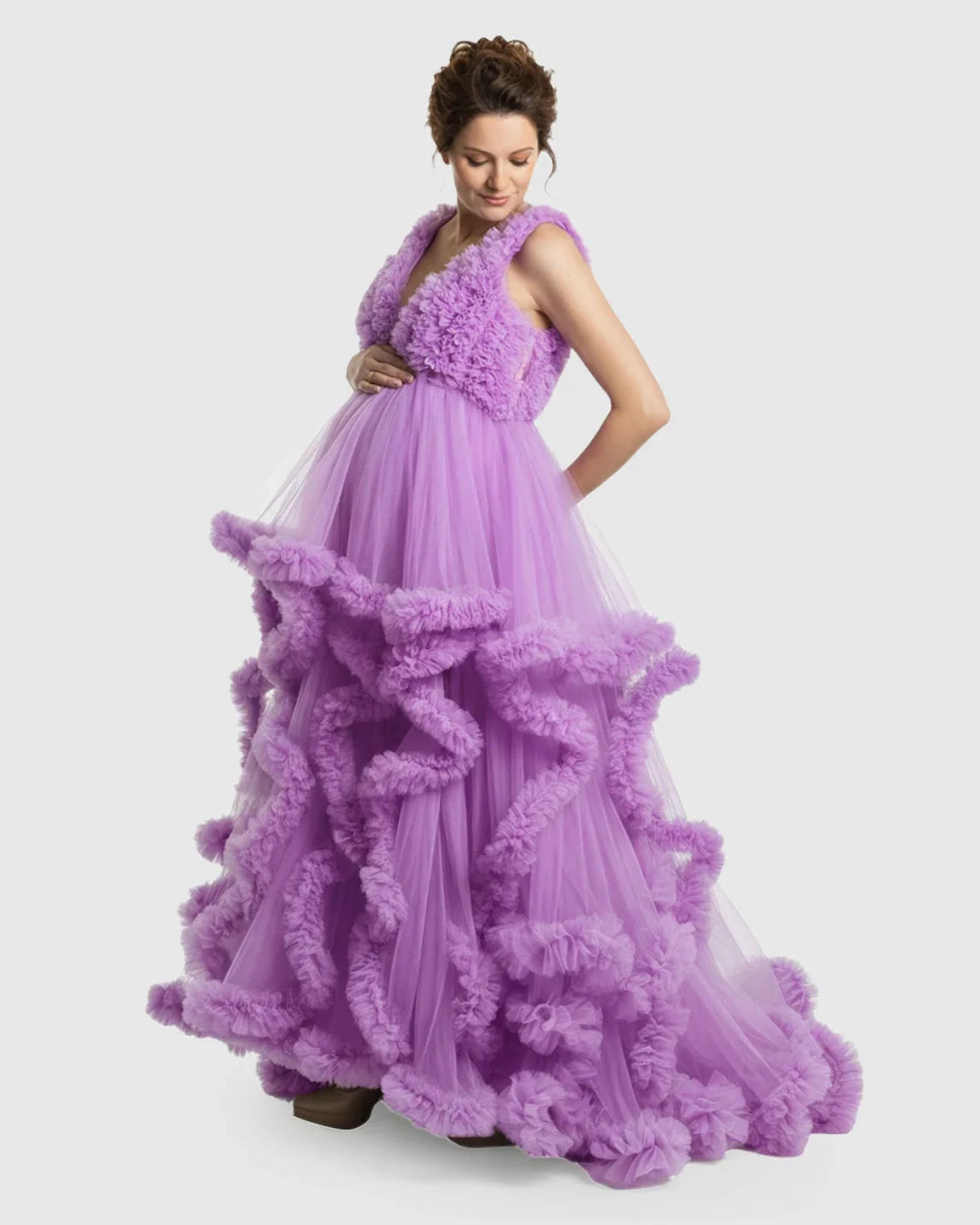 Bump Society – The Comfort Collection: Ruffled Bodice Multi-Layer Mesh Pleats Maternity Gown