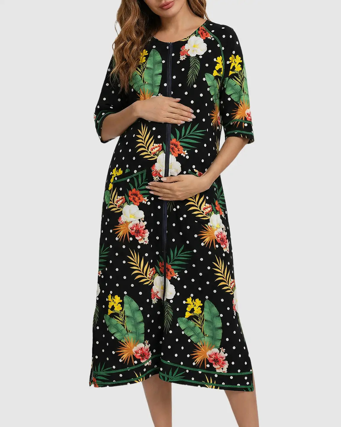 Bump Society – The Nursing Collection: Zip Front Tropical Print Maternity Nursing Lounge Dress