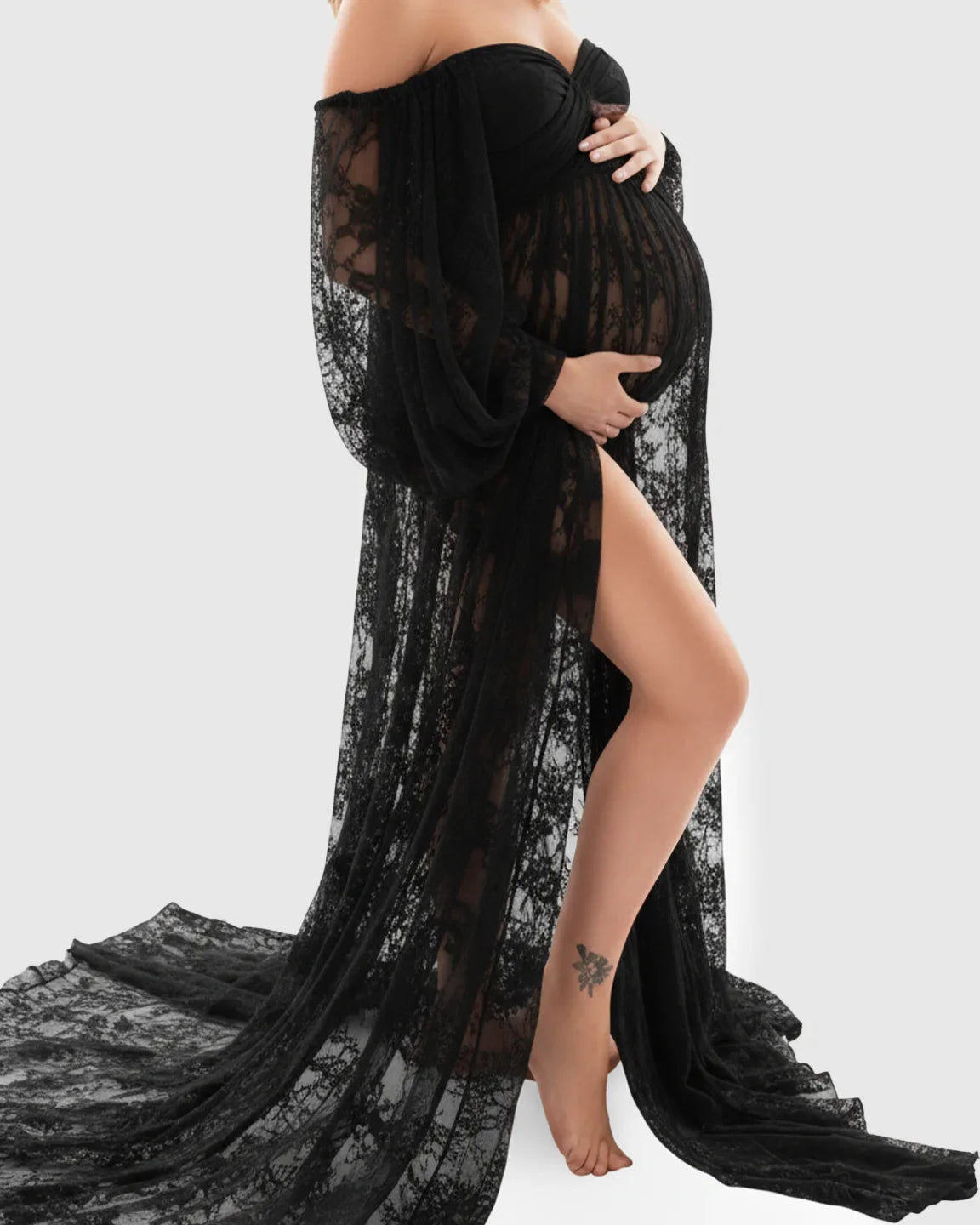 Bump Society – The Comfort Collection: Sheer Lace Flowy Maternity Photoshoot Gown