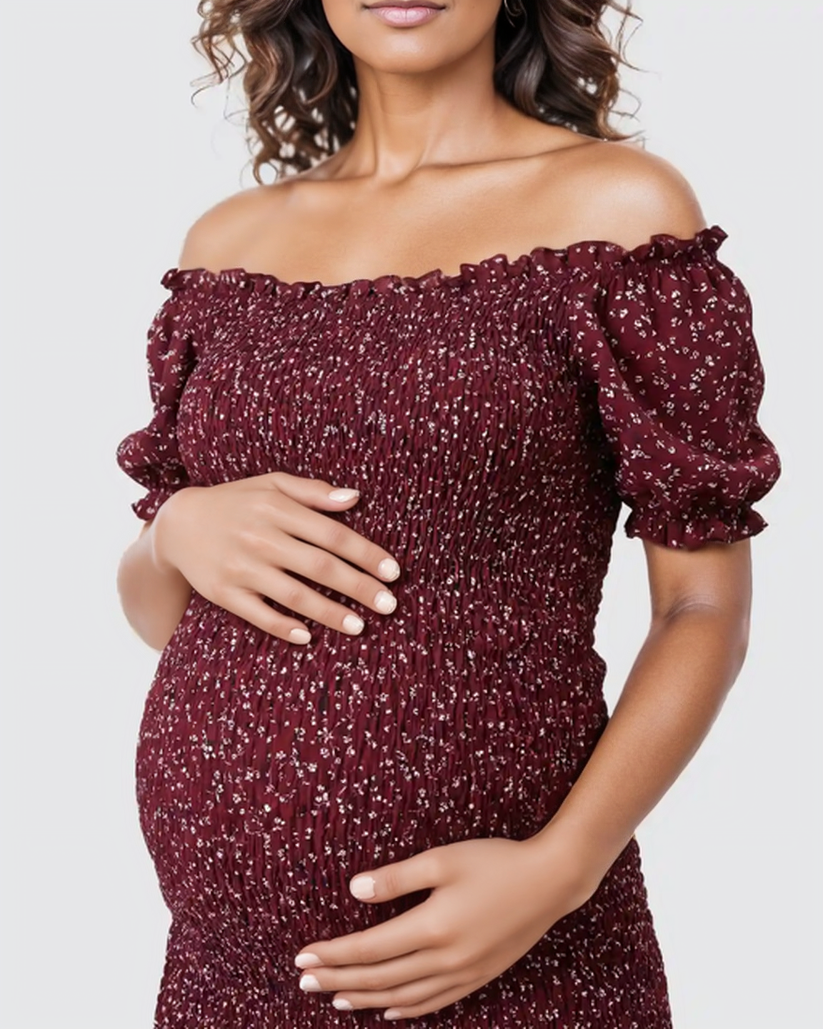 Bump Society – The Comfort Collection: Off-Shoulder Smocked Floral Maternity Midi Dress