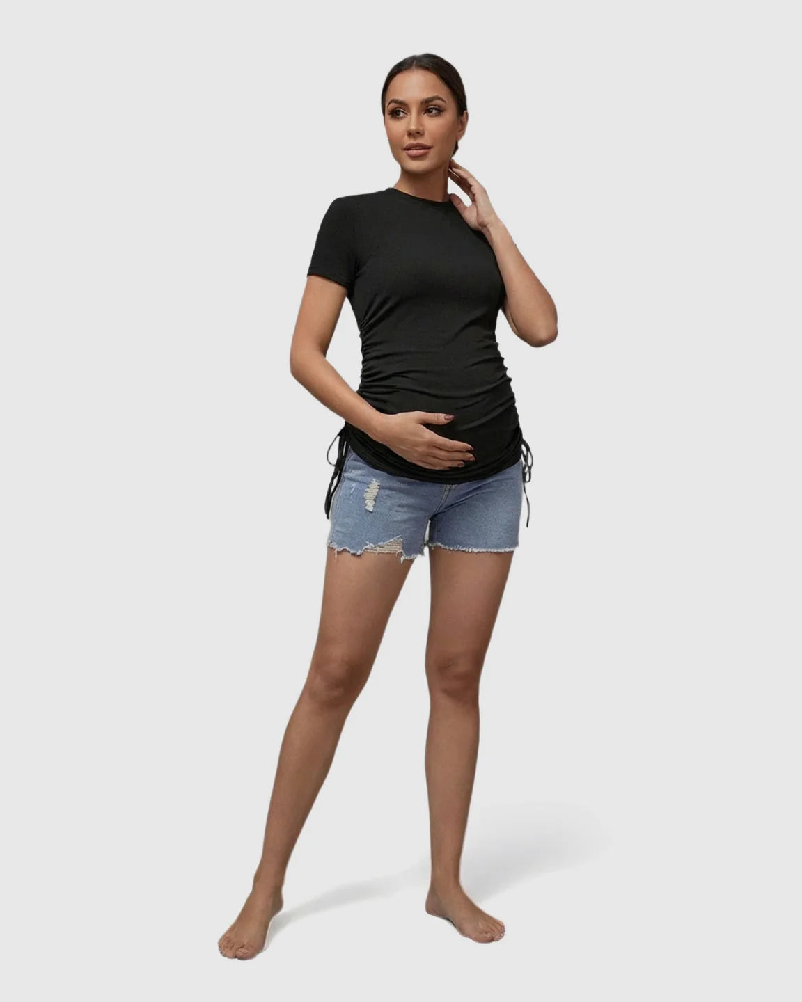 Bump Society – The Comfort Collection: Ruched Waist Casual Maternity Top With Denim Shorts