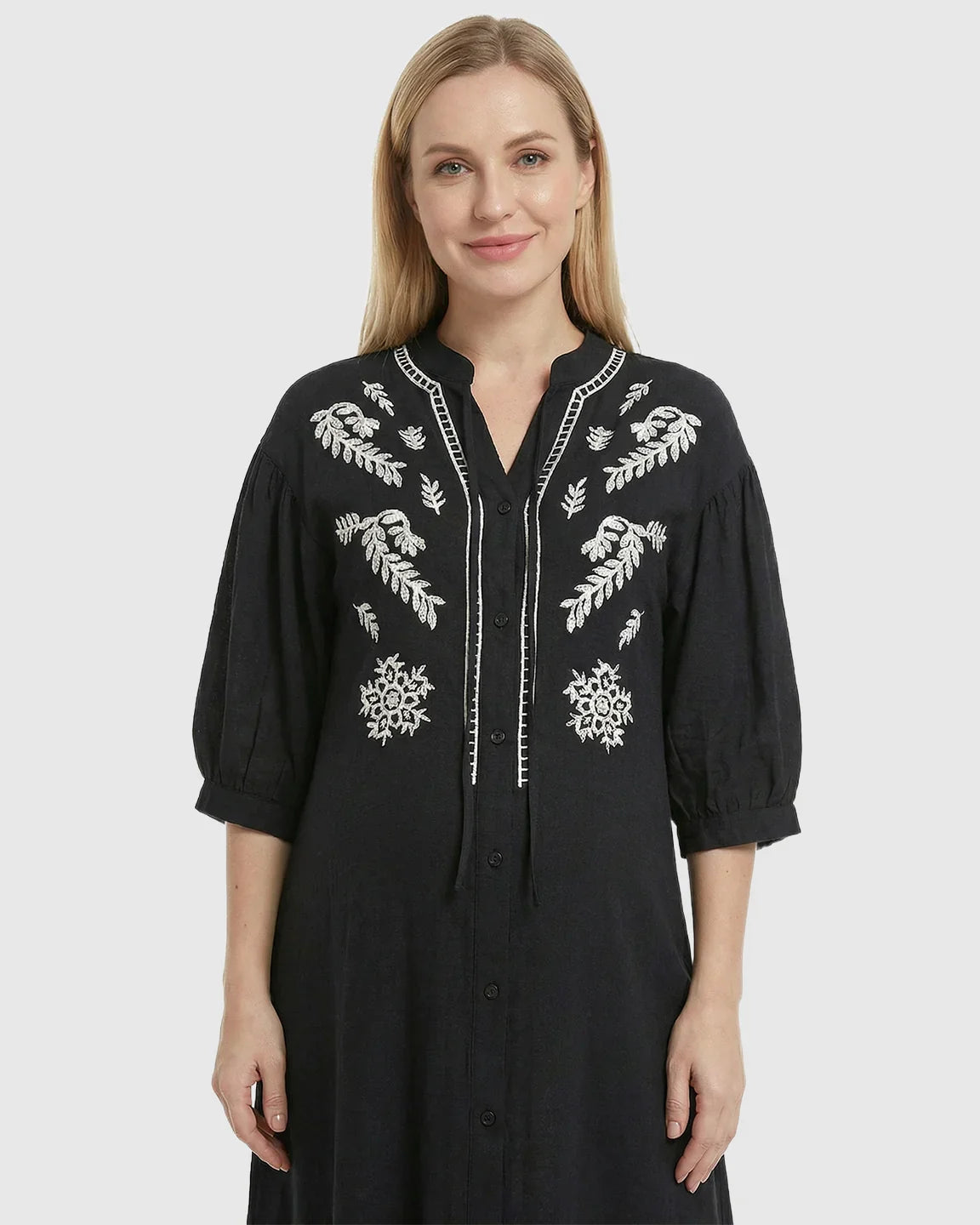 Bump Society – The Comfort Collection: Embroidered Mandarin Collar Loose Maternity Midi Dress