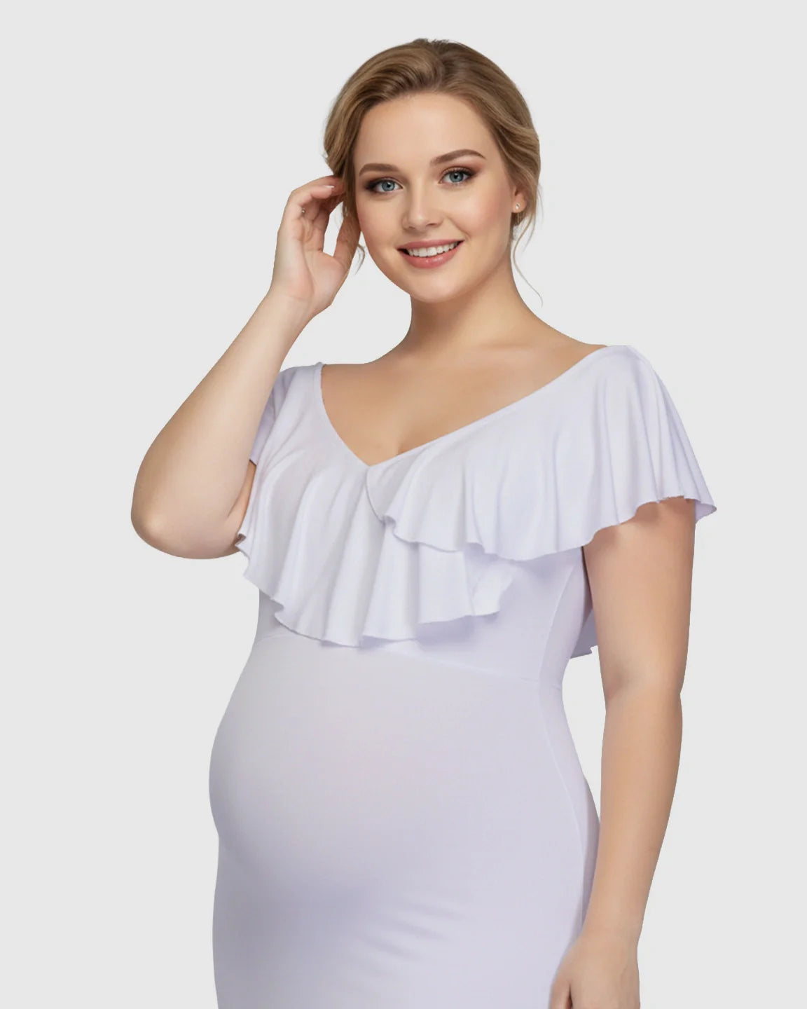 Bump Society – The Comfort Collection: Off-Shoulder Ruffled Bodycon Maternity Maxi Dress