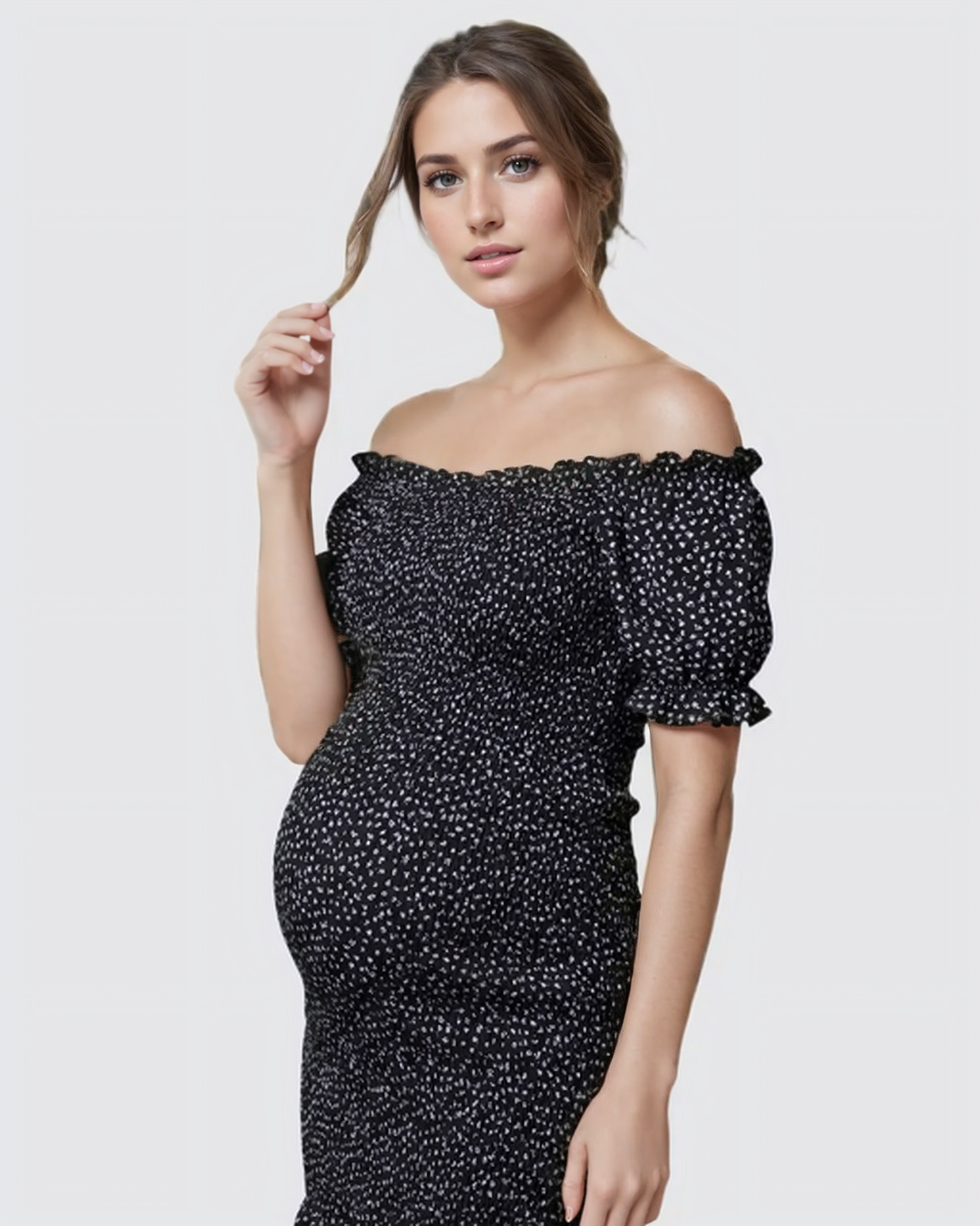 Bump Society – The Comfort Collection: Off-Shoulder Smocked Floral Maternity Midi Dress