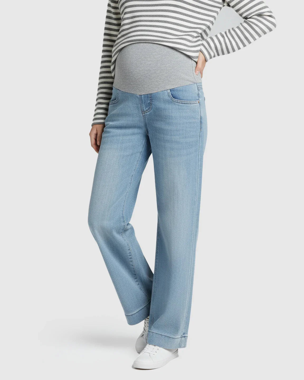 Light wash wide leg maternity jeans with folded hem and grey belly band, paired with a striped top.