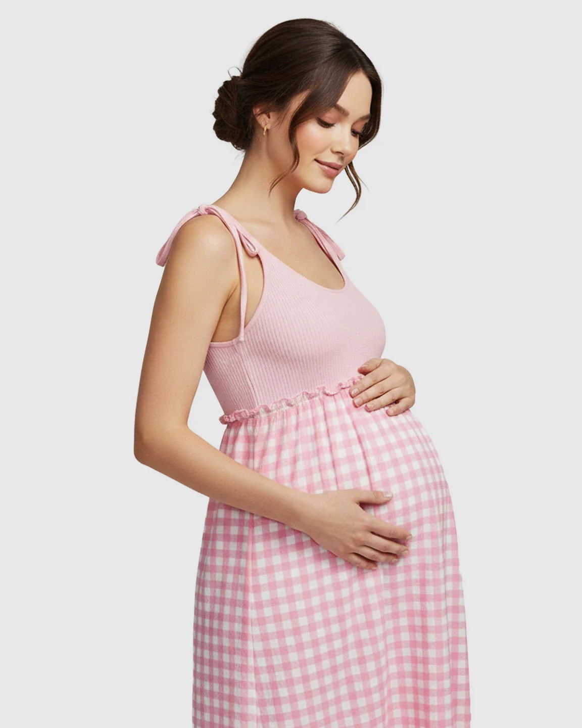 Bump Society – The Comfort Collection: Spaghetti Strap Plaid Patchwork Maternity Maxi Dress
