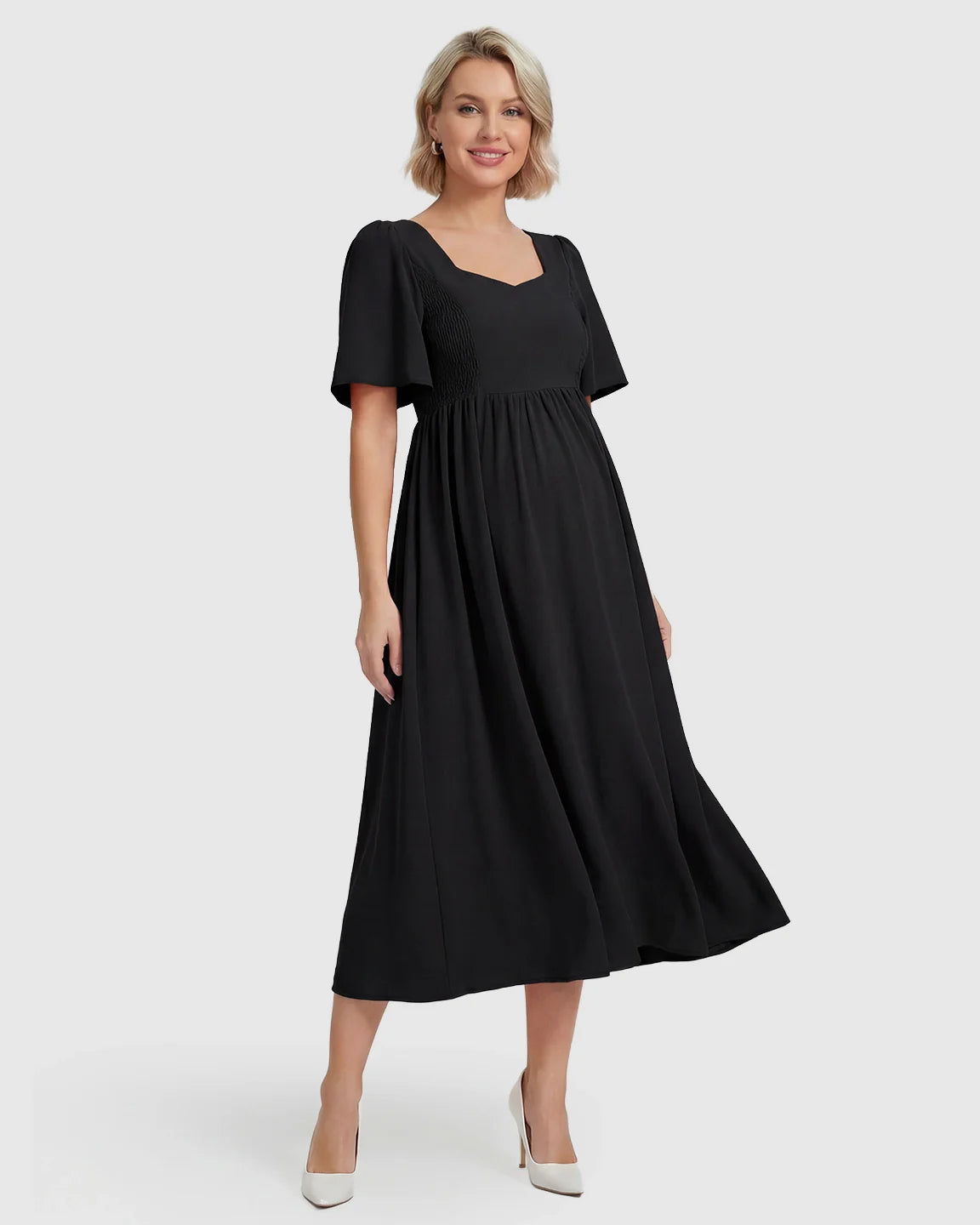 Bump Society – The Comfort Collection: Shirred Ruffle Sleeve Swing Maternity Midi Dress